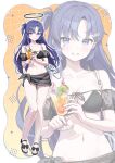  1girl alternate_costume alternate_hairstyle bikini black_bikini black_halo black_sandals black_sarong blue_archive blue_eyes blue_hair blush breasts cleavage collarbone commentary_request cup drinking_glass front-tie_top full_body halo highres holding holding_cup jewel_under_eye long_hair looking_at_viewer medium_breasts momomoi_momoi sandals sarong smile standing swimsuit thighs toes tropical_drink yuuka_(blue_archive) zoom_layer 