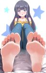 1girl :o absurdres bare_shoulders barefoot black_hair blue_eyes blue_pants blush breasts bright_pupils collarbone commentary commission denim embarrassed feet film_grain flying_sweatdrops foot_focus foreshortening frilled_shirt frills highres jeans knees_up kyoichi long_hair looking_at_viewer medium_breasts misumi_aoi mixed-language_commentary off-shoulder_shirt off_shoulder ongeki open_mouth pants pixiv_commission presenting_foot shirt sidelocks sitting smell soles solo star_(symbol) star_symbol_background steaming_body sweat sweaty_foot toes very_long_hair white_background white_pupils yellow_shirt 