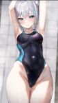  1girl absurdres animal_ear_fluff animal_ears armpits arms_up black_one-piece_swimsuit blue_archive blue_eyes blurry blurry_background blush breasts closed_mouth collarbone competition_swimsuit covered_navel cowboy_shot cross_hair_ornament grey_hair hair_ornament highleg highleg_swimsuit highres looking_at_viewer medium_breasts mismatched_pupils official_alternate_costume one-piece_swimsuit shiroko_(blue_archive) shiroko_(swimsuit)_(blue_archive) smile solo suujiniku swimsuit thigh_gap two-tone_swimsuit wet wet_clothes wet_swimsuit wolf_ears 