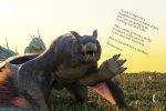  3:2 3d_(artwork) beak blender_(software) blender_cycles blep capcom claws derp_eyes dialogue digital_media_(artwork) dragon english_text fanged_wyvern feral flying_wyvern fur grass hi_res looking_at_viewer monster_hunter nargacuga open_mouth outside plant purple_body purple_fur sky talking_to_viewer text thiccacuga tobi-kadachi tongue tongue_out video_games wings wyvern 