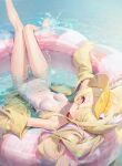  1girl afloat animal_ear_fluff animal_ears blonde_hair blue_archive breasts cha_hou fox_ears fox_girl halo highleg highres innertube jacket long_hair looking_at_viewer official_alternate_costume on_innertube one-piece_swimsuit pink_innertube seia_(blue_archive) seia_(swimsuit)_(blue_archive) side_ponytail small_breasts solo sunglasses swim_ring swimsuit tinted_eyewear visor_cap wet white_one-piece_swimsuit yellow_halo yellow_jacket 