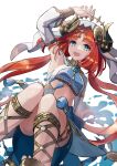  1girl absurdres arm_up armpits blue_skirt breasts fake_horns genshin_impact green_eyes harem_outfit highres horns long_hair long_sleeves looking_at_viewer medium_breasts nilou_(genshin_impact) open_mouth red_hair simple_background skirt smile solo tokonatsu_(epfm5277) twintails white_background 