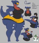 2025 alex_(dewwydartz) anthro barefoot big_breasts big_butt black_clothing black_hair black_sclera black_shirt black_tank_top black_topwear blue_body bottomwear breasts butt claws cleavage clothed clothed_anthro clothed_female clothed_human clothed_male clothing dewwydarts english_text feet female fox_(dewwydarts) garchomp gardevoir generation_3_pokemon generation_4_pokemon green_hair green_sclera group gwen_(dewwydarts) hair headpat heart_symbol hi_res hug huge_butt human humanoid male mammal markings model_sheet multicolored_body nintendo pokemon pokemon_(species) red_body shirt shorts tail tank_top text thick_thighs topwear trio white_body wide_hips yellow_bottomwear yellow_clothing yellow_markings yellow_shorts