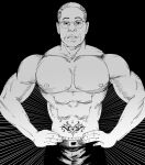  1boy abs absurdres belt breaking_bad emphasis_lines frown glasses gustavo_fring hands_on_hips heart heart_tattoo highres male_focus muscular muscular_male pectorals solo stomach_tattoo tattoo topless_male upper_body xyanaid 