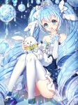  1girl 1other animal_ears aqua_eyes aqua_hair bare_shoulders blush breasts dress foot_out_of_frame frilled_dress frills hair_between_eyes hair_ornament hatsune_miku long_hair long_sleeves musical_note musical_note_hair_ornament official_alternate_costume official_alternate_hairstyle open_mouth puffy_long_sleeves puffy_sleeves rabbit rabbit_ears rabbit_tail rabbit_yukine small_breasts strapless strapless_dress tail tempy_(rinsia) thighhighs twintails very_long_hair vocaloid white_thighhighs yuki_miku yuki_miku_(2019) 
