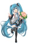  1girl absurdres armpit_crease armpits belt black_skirt black_sleeve_cuffs black_thighhighs blue_belt blue_eyes blue_hair blue_necktie boots bouquet collared_shirt commentary_request detached_sleeves flat_chest flower hair_between_eyes hatsune_miku head_tilt highres holding holding_bouquet leg_up long_hair long_sleeves looking_at_viewer meruko-san miniskirt necktie offering_hand open_mouth petite pink_flower pink_rose pleated_skirt rose shirt simple_background skirt sleeveless sleeveless_shirt solo standing standing_on_one_leg thigh_boots thighhighs twintails very_long_hair vocaloid wing_collar yellow_flower yellow_rose zettai_ryouiki 
