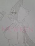 anthro bodily_fluids breasts check_tag_type cum cumshot cumshot_on_face distracting_watermark ejaculation female generation_9_pokemon genital_fluids genitals male male/female medium_breasts meowscarada mewren nintendo nipples penis pokemon pokemon_(species) sketch species: traditional_media_(artwork) watermark