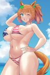  1girl american_flag american_flag_bikini american_flag_print animal_ears bikini blue_eyes blue_sky breasts cloud commentary_request day flag_print flag_print_bikini guutikutoyokawa hair_ornament hand_on_own_hip highres horse_ears horse_girl horse_tail large_breasts open_mouth orange_hair outdoors ponytail print_bikini sky smile solo star_(symbol) star_hair_ornament swimsuit taiki_shuttle_(umamusume) tail teeth umamusume upper_teeth_only 