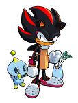  1boy animal_ears animal_nose apron black_fur body_fur bracelet chao_(sonic) closed_mouth crocs discount-supervillain furry furry_male gloves gold_bracelet hedgehog_boy highres holding jewelry male_focus multicolored_fur red_eyes shadow_the_hedgehog shoes sonic_(series) spring_onion standing white_gloves 