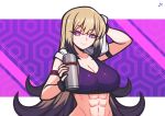  1girl abs absurdres arm_up bacon_strips black_gloves black_hair blonde_hair borrowed_character breasts bright_pupils cleavage closed_mouth colored_tips commentary commission english_commentary enserri_(frozencore94) fingerless_gloves flipped_hair geometric_pattern gloves highres holding holding_thermos holding_towel large_breasts long_hair looking_at_viewer multicolored_hair original purple_background purple_eyes purple_sports_bra smile solo sports_bra stomach sweat thermos toned toned_female towel towel_around_neck two-tone_hair upper_body white_pupils wiping_sweat 
