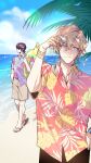  2boys adjusting_eyewear aventurine_(honkai:_star_rail) beach blonde_hair blurry bokeh bracelet cm_(tenji1352) collared_shirt commentary_request depth_of_field diamond-shaped_pupils diamond_(shape) dr._ratio_(honkai:_star_rail) earrings eyewear_on_head flip-flops glasses gold_bracelet hand_on_eyewear hand_on_own_hip hawaiian_shirt heart heart-shaped_eyewear highres holding holding_swim_ring honkai:_star_rail honkai_(series) jewelry korean_commentary light_smile male_focus multicolored_eyes multicolored_shirt multiple_boys palm_tree print_shirt ringed_eyes sand sandals shirt short_hair short_sleeves shorts single_earring sparkle sparkling_aura standing swim_ring symbol-shaped_pupils tree walking watch water wristwatch yellow-framed_eyewear 
