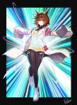  1girl absurdres agnes_tachyon_(umamusume) ahoge ankle_boots black_border black_necktie black_pantyhose black_shirt boots border brown_hair collared_shirt grin hair_between_eyes high_heel_boots high_heels highres horse_girl lab_coat looking_at_viewer medium_hair necktie outside_border pantyhose parted_lips partially_shaded_face poko_(user_rjdg5478) red_eyes shirt short_necktie sidelocks signature sleeves_past_fingers sleeves_past_wrists smile solo sweater_vest test_tube umamusume white_boots wide_sleeves yellow_sweater_vest zipper_pull_tab 