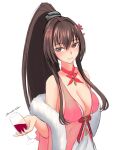  1girl azur_lane breasts brown_hair cleavage cosplay_request cup dress drinking_glass english_commentary feather_boa kantai_collection large_breasts looking_at_viewer mixed-language_commentary one-hour_drawing_challenge pink_dress pink_necklace ponytail rekka_yamato simple_background solo upper_body white_background wine_glass yamato_(kancolle) yamato_kai_ni_(kancolle) 