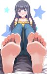  1girl :o absurdres bare_shoulders barefoot black_hair blue_eyes blue_pants blush breasts bright_pupils collarbone commentary commission denim embarrassed feet film_grain foot_focus foreshortening frilled_shirt frills highres jeans knees_up kyoichi long_hair looking_at_viewer medium_breasts misumi_aoi mixed-language_commentary off-shoulder_shirt off_shoulder ongeki open_mouth pants pixiv_commission presenting_foot shirt sidelocks sitting soles solo star_(symbol) star_symbol_background toes very_long_hair white_background white_pupils yellow_shirt 