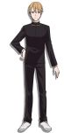  1boy anime_coloring black_jacket black_pants blonde_hair blue_eyes closed_mouth full_body gakuran hair_between_eyes hand_on_own_hip jacket kaguya-sama_wa_kokurasetai_~tensai-tachi_no_renai_zunousen~ long_sleeves looking_at_viewer official_art pants school_uniform shirogane_miyuki shoes short_hair shuuchiin_academy_school_uniform simple_background solo standing transparent_background tsurime white_shoes yahiro_yuuko 