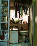  bathroom brazil broom clothes_hanger commentary day door english_commentary highres indoors jar jay0ni no_humans original painterly plant potted_plant scenery sink stool tile_floor tiles trash_can unworn_clothes washing_machine window_light 