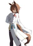  1girl absurdres agnes_tachyon_(umamusume) ahoge animal_ears black_pantyhose black_shirt brown_hair brown_tail buttons collared_shirt cowboy_shot earrings hair_between_eyes highres horse_ears horse_girl horse_tail jewelry kuaspa lab_coat looking_at_viewer medium_hair pantyhose partially_unzipped red_eyes shirt sidelocks simple_background single_earring sleeves_past_fingers sleeves_past_wrists solo sweater_vest tail test_tube umamusume white_background wide_sleeves yellow_sweater_vest zipper zipper_pull_tab 