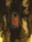  cable circle_facial_mark cloak english_commentary five_pebbles floating highres hug humanoid_robot iterator_(rain_world) looks_to_the_moon mixed-language_commentary orange_cloak pointless511 rain_world robot robot_ears spoilers yellow_background 