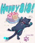  808_(hi-fi_rush) animal_ears artist_request cake cat cat_ears cat_tail character_name closed_eyes english_commentary english_text fang food hi-fi_rush highres lying musical_note no_humans non-humanoid_robot official_art on_back open_mouth pawpads robot tail whiskers white_background 