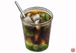  art_neverath artist_logo cup drink drinking_glass english_commentary food_focus highres ice ice_cube iced_tea logo mint_leaf no_humans original procreate_(medium) simple_background white_background 