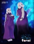 3d_(artwork) absurd_res anthro barefoot big_breasts big_butt boss_monster_(undertale) bovid breasts butt caprine clothed clothing digital_media_(artwork) dress eyelashes eyeshadow feet female floppy_ears front_view fur goat hand_on_chest hi_res horn lewdxcube looking_at_viewer looking_back looking_back_at_viewer lop_ears makeup mammal pink_eyes purple_clothing purple_dress purple_eyeshadow rear_view smile solo text thick_thighs toriel undertale_(series) white_body white_fur white_horn wide_hips
