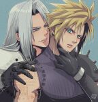  2boys aqua_eyes armor black_coat black_gloves blonde_hair blue_background blue_shirt cloud_strife coat final_fantasy final_fantasy_vii furrowed_brow gloves grey_hair hand_on_another&#039;s_chin hand_on_another&#039;s_shoulder highres long_bangs long_hair male_focus multiple_boys parted_bangs parted_lips pauldrons sephiroth sharp_teeth shikiwo shirt short_hair shoulder_armor signature single_bare_shoulder single_pauldron sleeveless sleeveless_turtleneck smile teeth turtleneck upper_body yaoi 