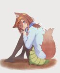  1girl animal_ear_fluff animal_ears black_pantyhose blue_cardigan blue_eyes blush brown_hair cardigan closed_mouth commentary_request dog_ears dog_girl dog_tail from_behind full_body go-toubun_no_hanayome green_skirt hair_between_eyes hands_on_own_knees headphones headphones_around_neck highres knees_up long_hair_between_eyes looking_at_viewer looking_back momoha_428 nakano_miku no_shoes pantyhose pout school_uniform simple_background sitting skirt solo tail 