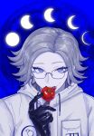  1boy aotsuki_eito black_gloves blood blood_on_face blue_background blue_eyes chinese_commentary commentary_request eyelashes eyes_visible_through_hair food fruit glasses gloves grey_hair highres holding holding_food holding_fruit jacket male_focus misviolety moon_phases pale_skin short_hair solo the_hundred_line_-last_defense_academy- tomato tsurime upper_body white_jacket 
