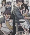  1boy 1girl absurdres animal_ears barefoot black_hair blush brown_pants brown_shawl carrying carrying_person chair closed_eyes closed_mouth dress grey_sweater hand_on_another&#039;s_neck highres holding holding_pen horse_ears horse_girl horse_tail kiss kissing_cheek leogust long_bangs long_hair looking_at_another manhattan_cafe_(umamusume) on_chair pants pen purple_hair shawl shirt short_hair sitting sitting_on_lap sitting_on_person sleeveless sleeveless_dress sweatdrop sweater tail umamusume very_long_hair white_dress white_shirt 