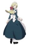  1girl anime_coloring apron back bow closed_mouth dress frilled_apron frills from_behind full_body green_eyes hair_bow highres juliet_sleeves long_hair long_sleeves looking_at_viewer looking_back low_ponytail maid maid_apron maid_headdress mary_janes nitanda_cona official_art ponytail puffy_long_sleeves puffy_sleeves red_bow rynzbelfeid shoes silent_witch simple_background socks solo standing transparent_background tsurime white_apron white_socks 