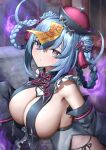  +_+ 1girl absurdres astral_party bare_shoulders blue_hair blush braid braided_hair_rings breast_curtains breasts cleavage commentary covered_navel crop_top crossed_bangs detached_sleeves double_bun fish_skeleton_hair_ornament frilled_sleeves frills glint haiqing_(astral_party) hair_between_eyes hair_bun hair_ornament hair_rings hand_up hat head_tilt highres hitodama jiangshi_costume large_breasts light_particles light_rays long_hair long_sleeves looking_ahead official_alternate_costume ofuda ofuda_on_head outdoors parted_lips pink_eyes qingdai_guanmao side-tie_peek sideboob sidelocks silver_trim sleeves_past_fingers sleeves_past_wrists solo sparkle standing symbol-shaped_pupils tassel tassel_hair_ornament underboob yukki_(uuws4345) 