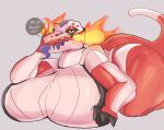  big_breasts breasts female fire generation_9_pokemon gikoko hi_res huge_breasts leaked_pokemon lying nintendo on_front pokemon pokemon_(species) red_body solo thick_thighs tongue tongue_out video_games 