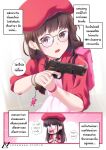  1girl artist_logo artist_name backpack bag brown_eyes brown_hair dress earrings firing glasses gun hat highres holding holding_gun holding_weapon jacket jewelry long_hair lusan666 open_mouth original pink_bag pink_dress red_hat_girl_(lusan666) red_headwear red_jacket single_earring smoke smoking_gun speech_bubble thai_commentary thai_text translation_request watch weapon 