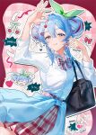  1girl almn_sk alternate_costume arm_up bag black_bag blue_bow blue_bowtie blue_eyes blue_sweater bow bowtie breast_pocket buttons cherry_pop_(vocaloid) clothes_around_waist collared_shirt disembodied_hand double_bun feet_out_of_frame fingernails flat_chest green_ribbon hair_between_eyes hair_bun hair_ribbon hand_up hatsune_miku highres licking_lips long_hair long_sleeves looking_at_viewer plaid_background plaid_bow plaid_bowtie plaid_clothes plaid_skirt pocket red_bow red_bowtie red_nails red_skirt red_streaks ribbon shirt shoulder_bag skirt solo sweater sweater_around_waist three-quarter_sleeves tongue tongue_out vocaloid white_skirt wing_collar 