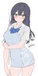  1girl absurdres blue_bow blue_hair blue_shirt blush bow breasts closed_mouth collarbone green_eyes hair_ornament hair_ribbon highres jacket long_hair long_shirt looking_at_viewer medium_breasts open_clothes open_jacket original ribbon see-through_clothes see-through_jacket shirt short_sleeves simple_background solo unasaka_ryou white_background 