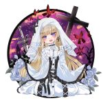  1girl blonde_hair blush bug butterfly castle cross cross_earrings crying earrings flower goth_fashion gothic_lolita highres hikami_meruru hime_cut jewelry leaf lolita_fashion long_hair magical_girl mahou_shoujo_no_majo_saiban night praying priestess purple_hair red_butterfly rose sitting sword tree user_cnzm2834 veil wariza weapon white_flower white_rose 