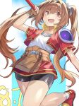  1girl absurdres antenna_hair armor bike_shorts blue_sky border brown_gloves brown_hair cancanbaobao55 cloud cropped_jacket double-parted_bangs eiyuu_densetsu estelle_bright fingerless_gloves gloves hair_between_eyes hair_intakes highres holding holding_staff holding_weapon long_hair open_mouth pauldrons red_eyes shoes short_sleeves shorts shorts_under_skirt shoulder_armor single_pauldron skirt sky smile sneakers solo sora_no_kiseki staff twintails weapon white_border 