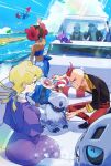  2girls 3boys absol back bandeau black_coat black_shirt blonde_hair blue_bandeau blue_eyes blue_sarong boat breasts brown_hair choker closed_mouth coat collarbone collared_shirt dark-skinned_female dark_skin drake_(pokemon) dress facial_hair flower glacia_(pokemon) glalie gloves hair_flower hair_ornament hat highres hsin large_breasts long_hair mature_female multiple_boys multiple_girls mustache ocean old old_man palm_tree pants phoebe_(pokemon) pokemon pokemon_(creature) pokemon_oras print_sarong purple_dress quad_tails red_eyes red_hair red_pants sableye salamence sarong shirt short_hair sidney_(pokemon) smile strapless three-quarter_sleeves topless_male torn_clothes torn_coat tree trench_coat tube_top very_short_hair watercraft white_choker white_gloves white_hair white_hat wingull yacht 