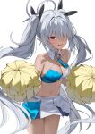  1girl absurdres black_ribbon blue_archive blush breasts cheering cheerleader cleavage collar collarbone commentary_request cowboy_shot dark-skinned_female dark_skin detached_collar fang floating_hair grey_hair grey_halo hair_over_one_eye hair_ribbon halo highres holding holding_pom_poms iori_(blue_archive) large_breasts long_bangs long_hair millennium_cheerleader_outfit_(blue_archive) miniskirt multicolored_skirt multicolored_sports_bra navel no_shirt open_mouth pink_eyes pleated_skirt pom_pom_(cheerleading) ribbon shuvi_(shuvi1125) simple_background skirt smile solo sports_bra standing stomach twintails very_long_hair white_background white_collar wing_collar 