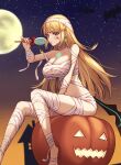  1girl bandages bangs blonde_hair breasts chest_jewel costume halloween halloween_costume highres large_breasts long_hair mummy mummy_costume mythra_(xenoblade) naked_bandage solo swept_bangs taro_(peach_taro51) very_long_hair xenoblade_chronicles_(series) xenoblade_chronicles_2 yellow_eyes 
