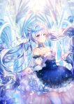  1girl bare_shoulders blue_eyes blue_hair breasts cleavage closed_mouth detached_collar detached_sleeves dress frilled_dress frills hair_between_eyes hair_ornament hatsune_miku lifting_own_clothes long_hair long_sleeves looking_at_viewer medium_breasts musical_note musical_note_hair_ornament official_alternate_costume official_alternate_hairstyle puffy_long_sleeves puffy_sleeves shina_(sbk951121) smile solo thighhighs twintails very_long_hair vocaloid white_thighhighs white_tiara yuki_miku yuki_miku_(2019) 