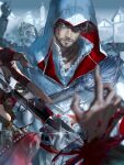  artist_request assassin&#039;s_creed_(series) assassin&#039;s_creed_ii beard_stubble blood blue_eyes blurry blurry_background brown_hair closed_mouth commission ezio_auditore_da_firenze facial_hair fighting hand_up hidden_blade_(assassin&#039;s_creed) highres hood hood_up house looking_at_viewer male_focus mature_male mustache_stubble people pov scar scar_on_face scar_on_mouth second-party_source shirt solo_focus stubble upper_body white_shirt 