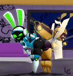 absurd_res antennae_(anatomy) armor arthropod bee beeat_(fuzzycogs) big_butt butt butt_focus butts_touching clothing duo electronics female female/female forehead_gem furniture fuzzycogs gem glowing glowing_eyes graffiti graffiti_on_wall hat headgear headphones headwear hi_res hymenopteran insect lagomorph leporid machine mammal project_turboblast rabbit rabbit_ears racing_suit robot robot_anthro screen screen_face sofa tempo_(project_turboblast) thick_thighs window wings