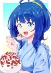  1girl :d ahoge blue_eyes blue_hair blue_kimono commentary_request food gradient_background highres holding holding_spoon imzen japanese_clothes kimono looking_at_viewer make_heroine_ga_oo_sugiru! medium_hair open_mouth ponytail shaved_ice simple_background smile solo spoon teeth upper_teeth_only yanami_anna 