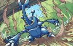  beetle bug claws forest heracross horns log nature no_humans outdoors pokemon pokemon_(creature) pokemon_focus q-chan single_horn smile tree 