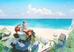  2girls amate_yuzuriha baseball_cap beach beach_umbrella bikini black_hair cloud commentary conch_(gundam) foliage gquuuuuux gundam gundam_gquuuuuux haro hat kitsune_(ly_howe) long_hair mecha multicolored_hair multiple_girls nyaan_(gundam_gquuuuuux) ocean one-piece_swimsuit overgrown plant red_hair robot sand short_hair sitting sitting_on_mecha sun_hat swimsuit symbol-only_commentary tree two-tone_hair umbrella vines water white_bikini yellow_one-piece_swimsuit 