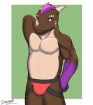  anthro brown_body chubby_anthro chubby_male clothed clothing digital_media_(artwork) dragon greensodafennec hair hi_res horn jockstrap male orange_eyes purple_hair shirtless simple_background slightly_chubby solo underwear 