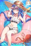  1boy 1girl absurdres adjusting_eyewear bare_arms bare_legs bare_shoulders bikini blue_eyes blue_hair blush braid collarbone food frilled_bikini frills grin hat highres holding holding_food holding_popsicle long_braid marbo_(saico556) mushoku_tensei navel octopus partially_submerged popsicle purple-tinted_eyewear roxy_migurdia rudeus_greyrat smile stomach straw_hat sun_hat sunglasses sweat swim_ring swimsuit tinted_eyewear twin_braids white_bikini 