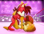 anthro archie_comics breasts brown_body brown_fur canid canine chipmunk digital_media_(artwork) duo female female/female fighting_ring fiona_fox fox fur genitals ground_squirrel hair hi_res mammal nipples nude rodent sally_acorn sciurid sega sonic_the_hedgehog_(archie) sonic_the_hedgehog_(comics) sonic_the_hedgehog_(series) tail text toyminator900