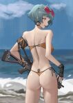  1girl ass back backless_outfit beach bikini earrings eyewear_on_head fingerless_gloves from_behind girls&#039;_frontline gloves gun highres holding holding_gun holding_weapon jewelry pink_hair round_eyewear sama_(sama24654684) short_hair standing string_bikini swimsuit tongue tongue_out weapon zas_m21_(girls&#039;_frontline) zastava_m21 